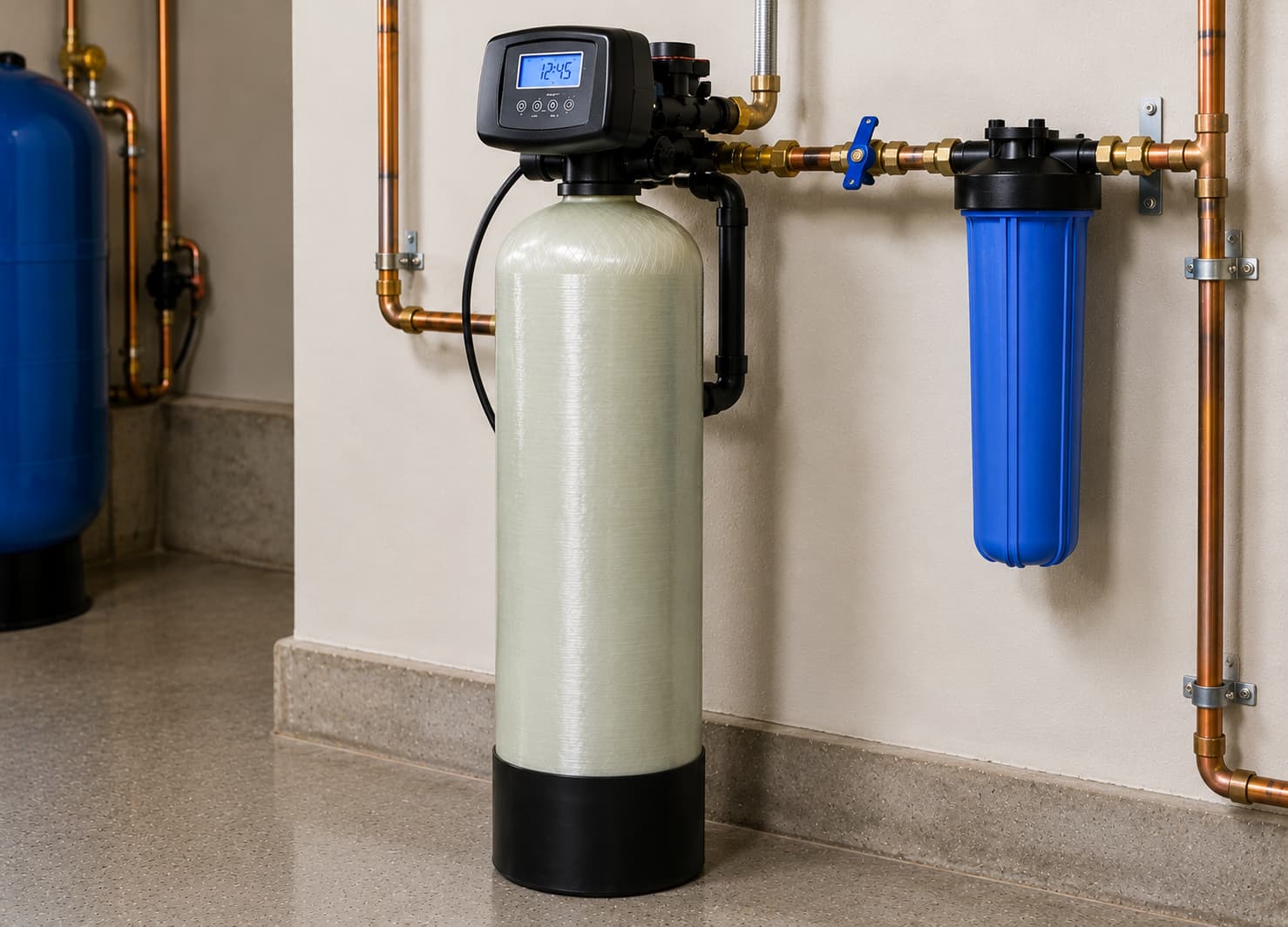 Whole-house water softener and filtration system professionally installed with copper piping