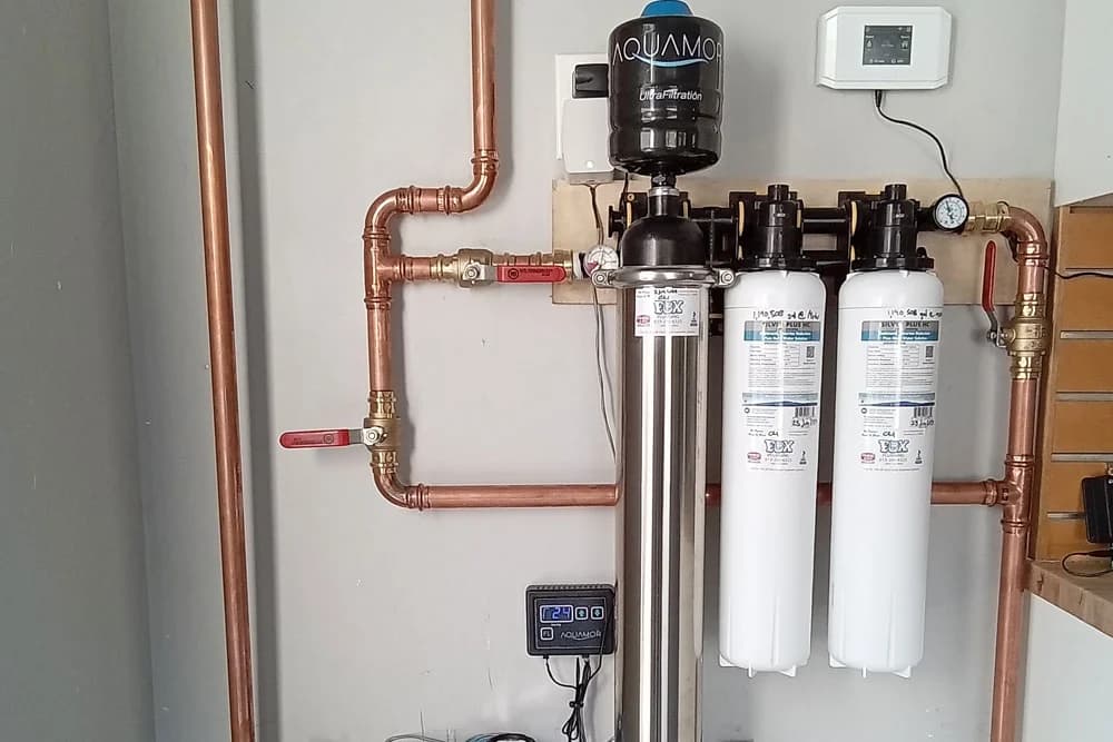Water softener system installation with whole-house filtration and copper plumbing in the San Francisco Bay Area
