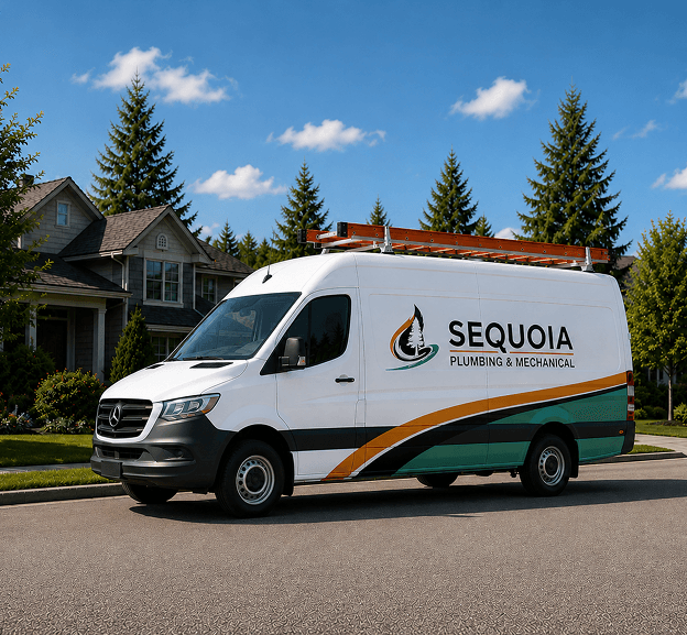 Sequoia Plumbing & Mechanical service van parked in a residential neighborhood